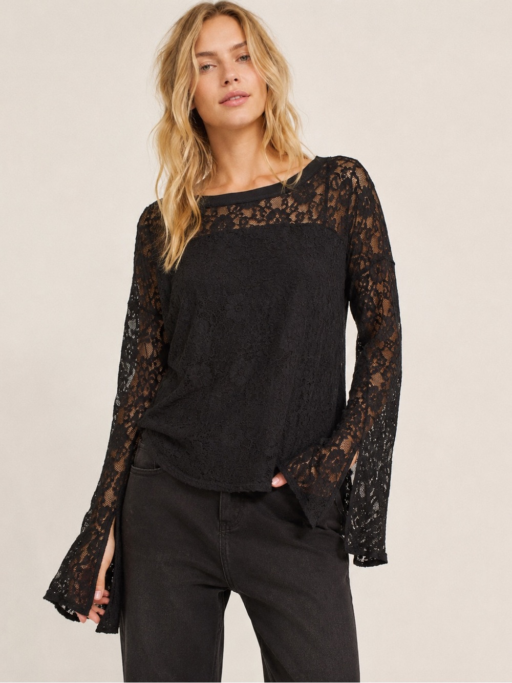 Free People Black Lace Bell Sleeve Blouse Top NWT Medium - Picture 1 of 3